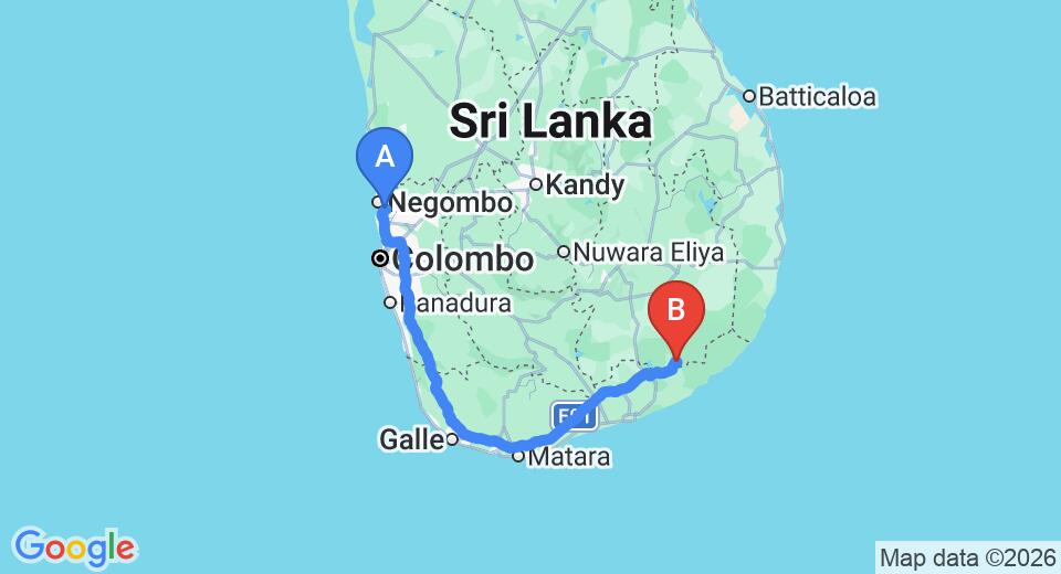 Driving route map: Colombo Airport (CMB) to Kaputu Kema, Kataragama (285 km, approx 3 h 45 min private transfer)