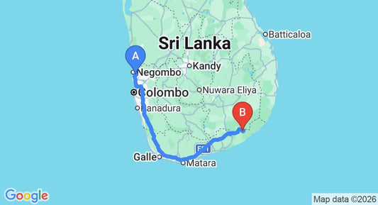 Driving route map: Colombo Airport (CMB) to Ceylon Wild Safaris, Kataragama (294 km, approx 4 h 3 min private transfer)