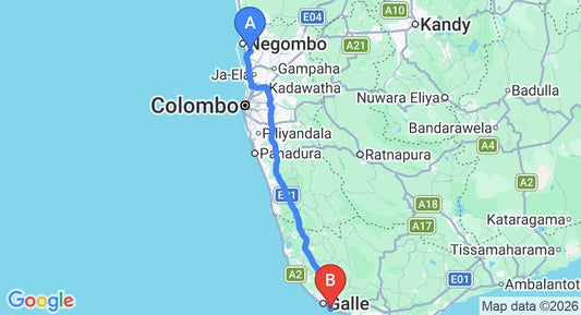 Driving route map: Colombo Airport (CMB) to Nor Lanka Hotel, Unawatuna (153 km, approx 2 h 8 min private transfer)
