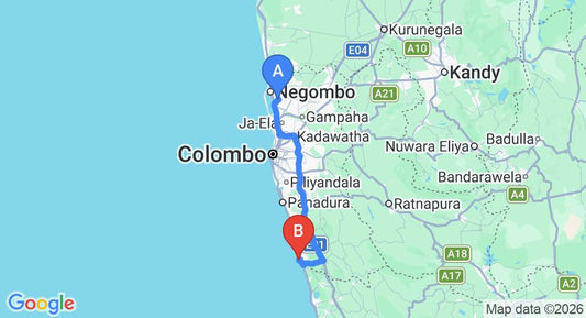 Driving route map: Colombo Airport (CMB) to Taprospa Footprints, Beruwala (110 km, approx 1 h 46 min private transfer)