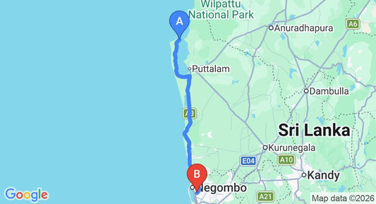 Driving route map: Kalpitiya to Colombo Airport (CMB) (139 km, approx 3 h 16 min private transfer)