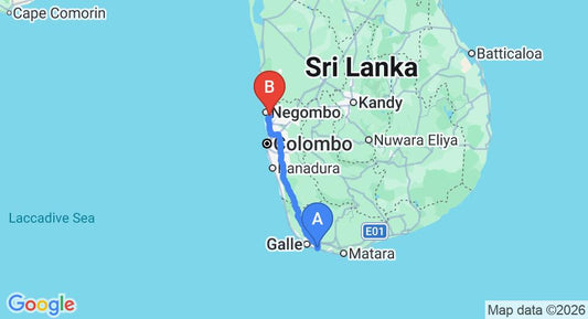 Driving route map: Habaraduwa to Colombo Airport (CMB) (156 km, approx 2 h 13 min private transfer)