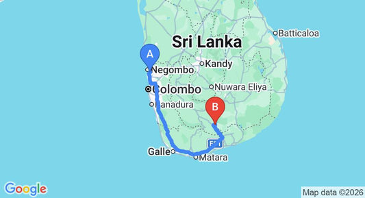 Driving route map: Colombo Airport (CMB) to Silent Bungalow, Udawalawe (260 km, approx 3 h 40 min private transfer)