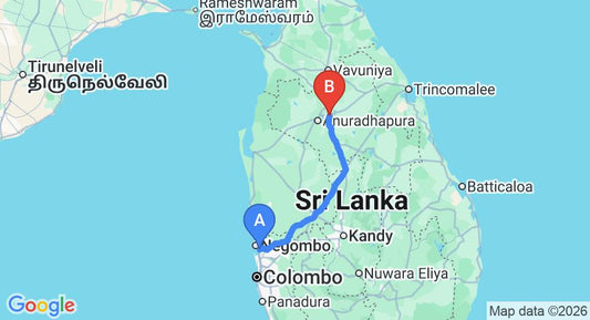 Driving route map: Colombo Airport (CMB) to Mihintale Resort, Anuradhapura (187 km, approx 3 h 52 min private transfer)