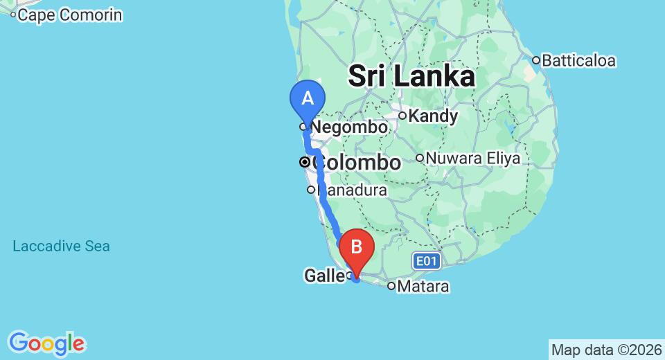 Driving route map: Colombo Airport (CMB) to Villa Sielen Diva, Talpe (155 km, approx 2 h 12 min private transfer)