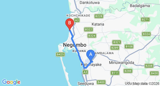 Driving route map: Colombo Airport (CMB) to Heritance Negombo, Negombo (13 km, approx 30 min private transfer)