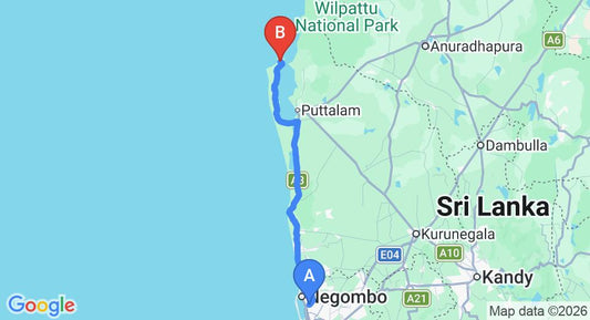 Driving route map: Colombo Airport (CMB) to Luna Laguna, Kalpitiya (141 km, approx 3 h 21 min private transfer)