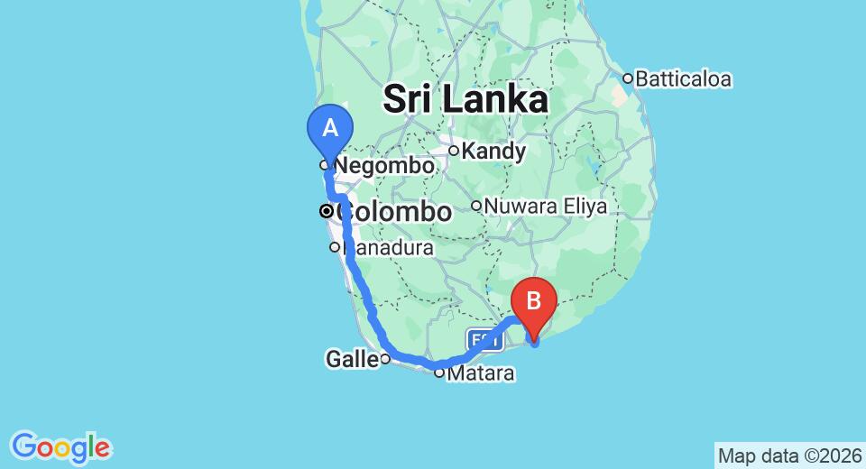 Driving route map: Colombo Airport (CMB) to Explorer by Mahoora, Hambantota (269 km, approx 3 h 27 min private transfer)