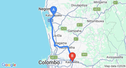 Driving route map: Colombo Airport (CMB) to Kaduwela (40 km, approx 44 min private transfer)
