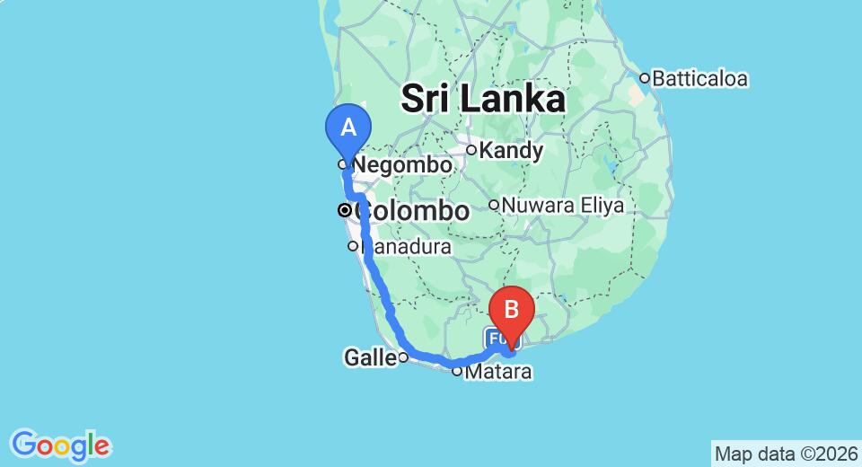 Driving route map: Colombo Airport (CMB) to Lanka Beach Bungalows, Tangalle (223 km, approx 3 h 5 min private transfer)