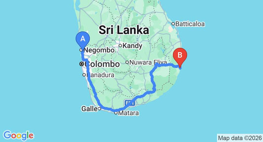 Driving route map: Colombo Airport (CMB) to Tri-Star Beach Hotel, Arugam Bay (418 km, approx 6 h 26 min private transfer)