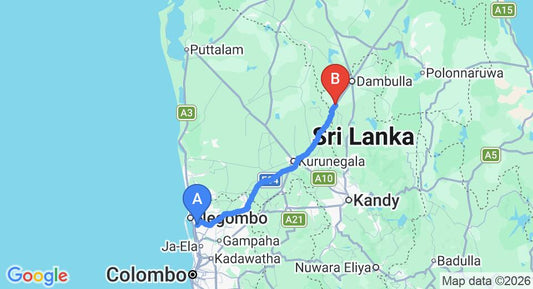 Driving route map: Colombo Airport (CMB) to Galewela (113 km, approx 2 h 26 min private transfer)