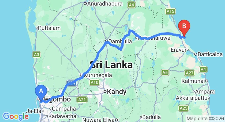 Driving route map: Colombo Airport (CMB) to Marina Beach, Pasikuda (267 km, approx 5 h 28 min private transfer)