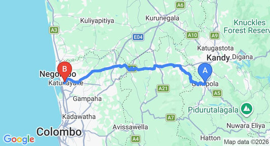 Driving route map: Gampola to Colombo Airport (CMB) (104 km, approx 3 h 3 min private transfer)