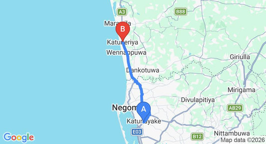 Driving route map: Colombo Airport (CMB) to Katuneriya (27 km, approx 52 min private transfer)