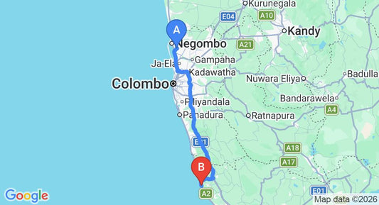 Driving route map: Colombo Airport (CMB) to Oasis Ayurveda Bridge, Ambalangoda (133 km, approx 2 h 3 min private transfer)