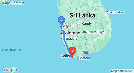 Driving route map: Colombo Airport (CMB) to Koggala Beach Hotel, Koggala (161 km, approx 2 h 21 min private transfer)