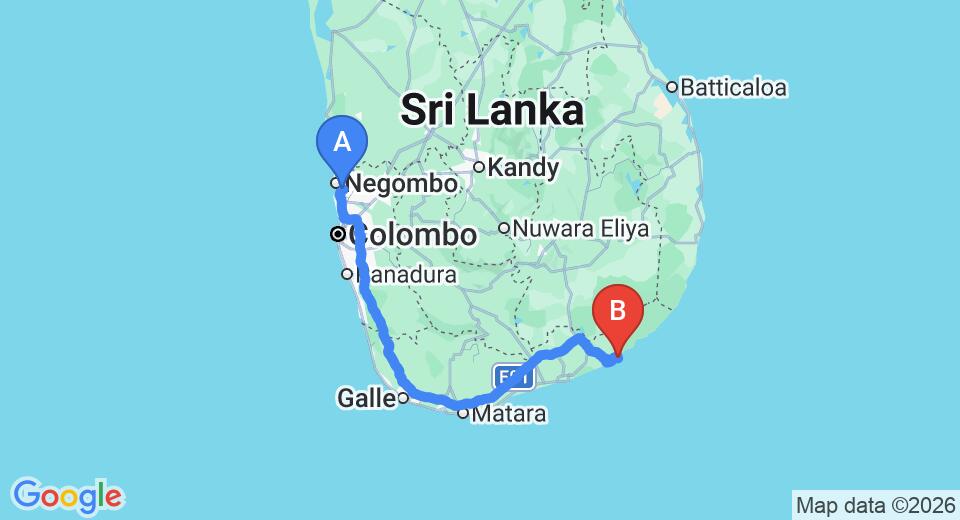 Driving route map: Colombo Airport (CMB) to Jetwing Yala, Yala (299 km, approx 4 h 17 min private transfer)