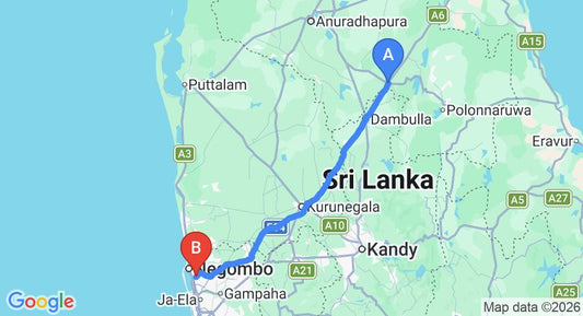 Driving route map: Habarana to Colombo Airport (CMB) (151 km, approx 3 h 12 min private transfer)