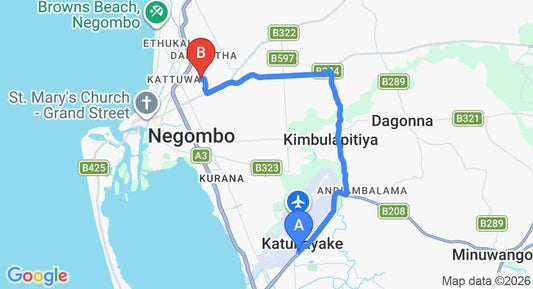 Driving route map: Colombo Airport (CMB) to Amaya Chalets, Negombo (12 km, approx 27 min private transfer)