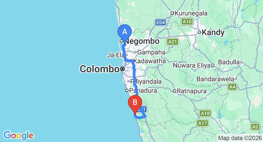 Driving route map: Colombo Airport (CMB) to Sandul Villa, Beruwala (108 km, approx 1 h 43 min private transfer)