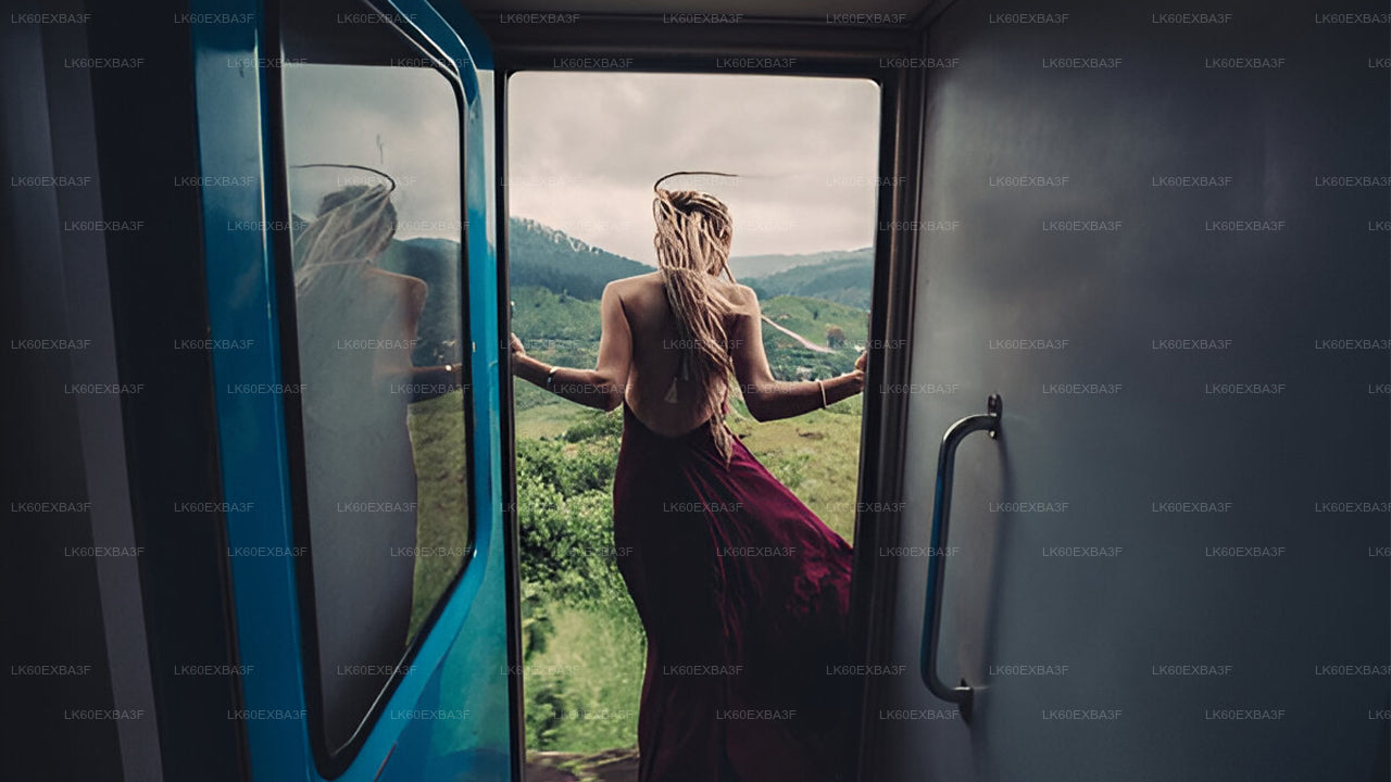 Woman in a dress standing inside a vehicle looking out at a scenic landscape