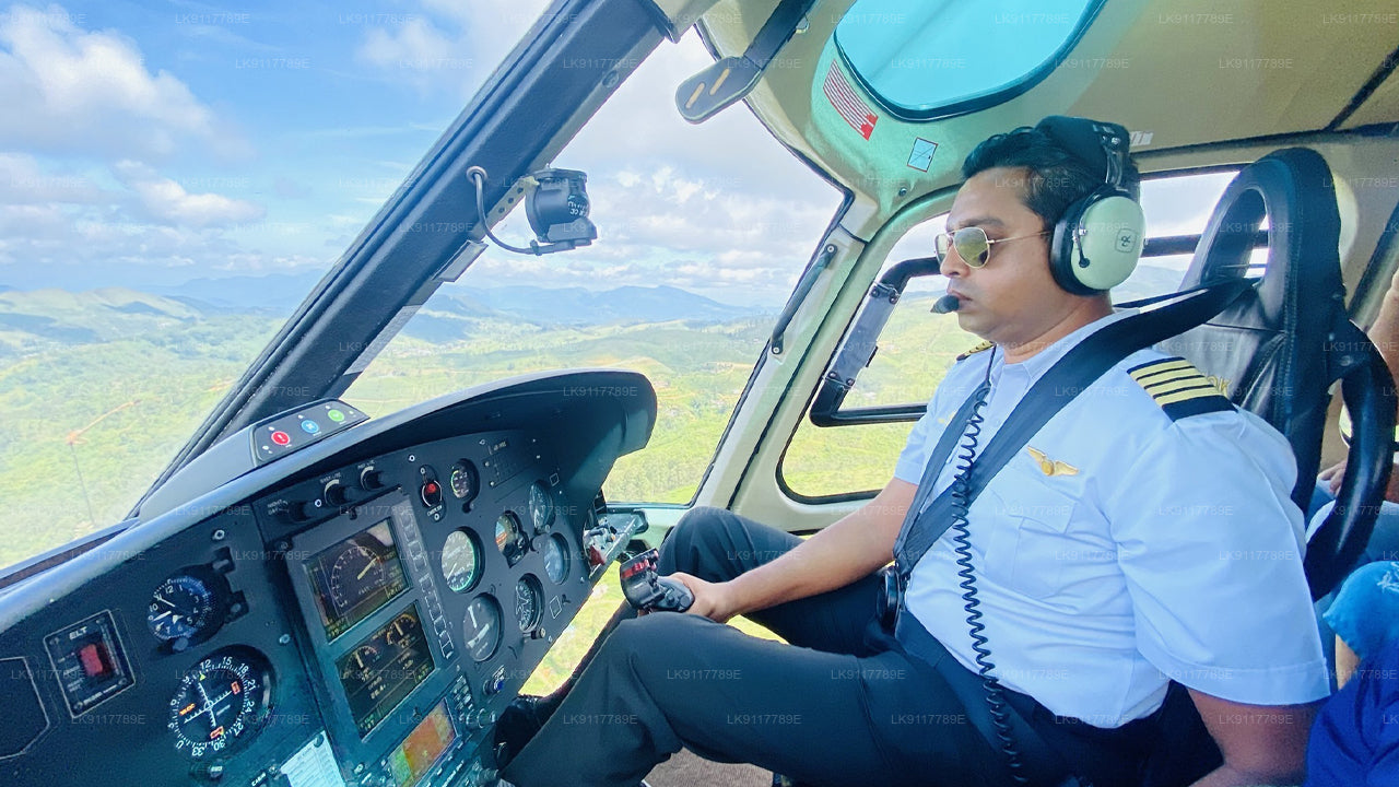 Person in a helicopter cockpit with a scenic view outside