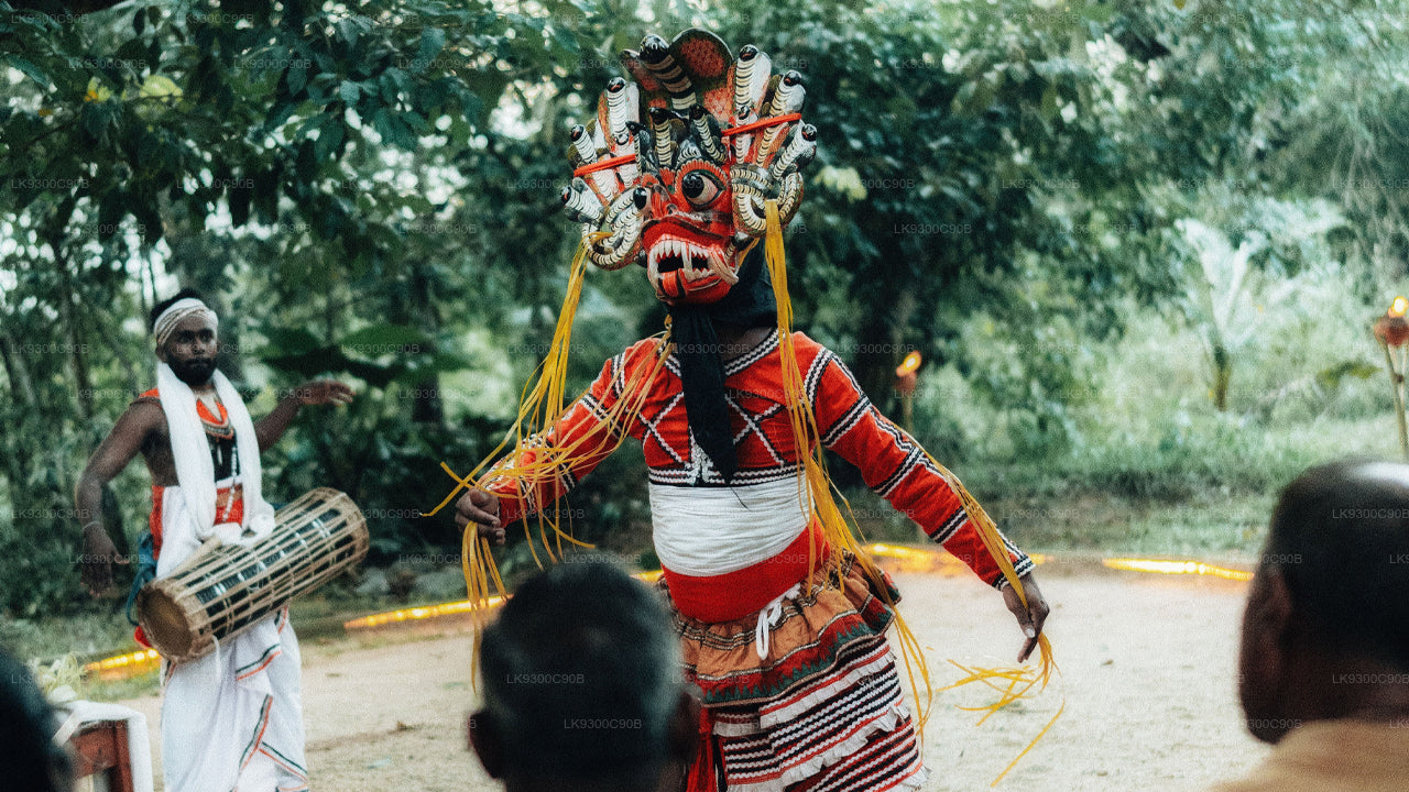 Person in traditional mask and costume performing a ritual or dance with another person playing a drum.