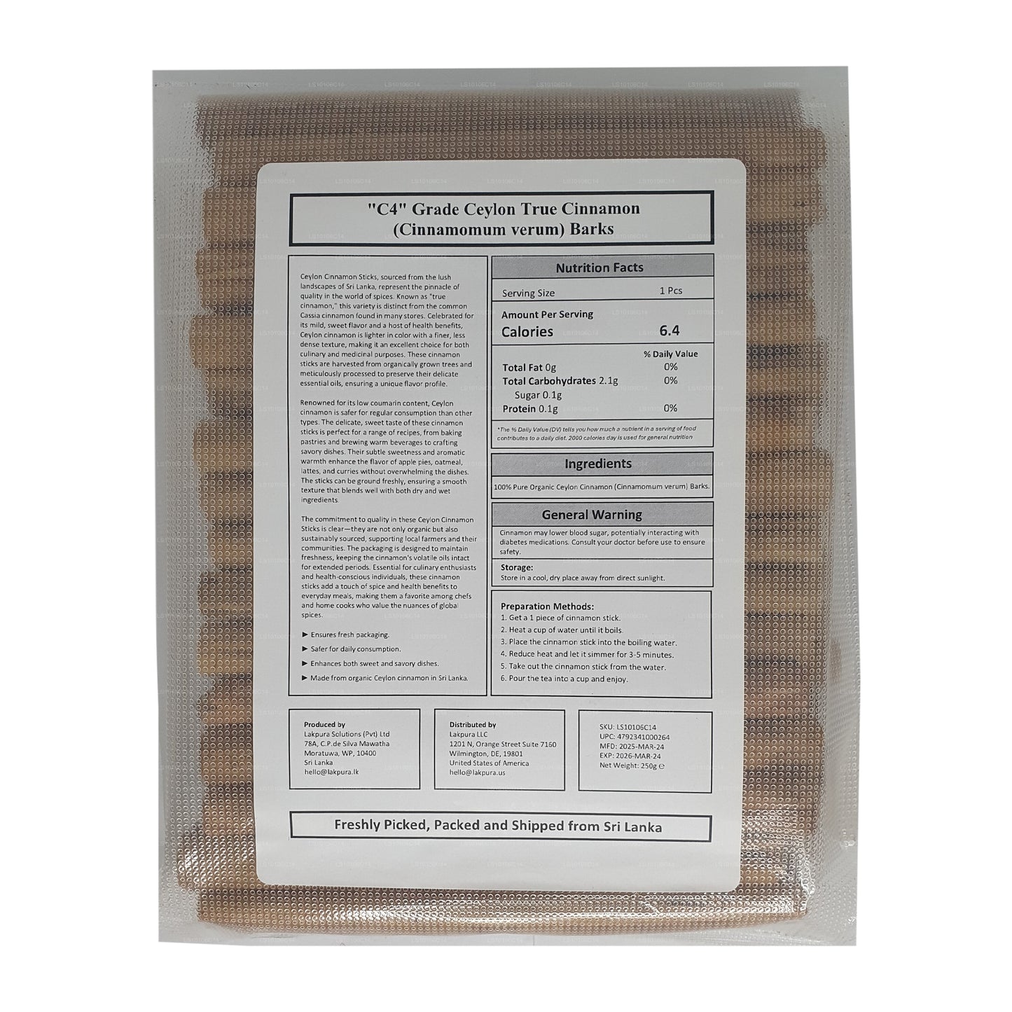 Paquete de corteza de canela verdadera de Ceilán, grado C4, de Lakpura