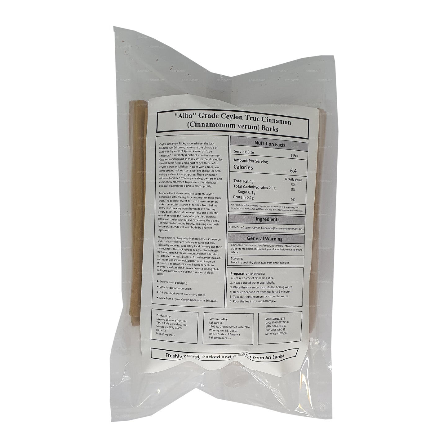 Paquete de corteza de canela verdadera de Ceilán, grado «Alba», de Lakpura