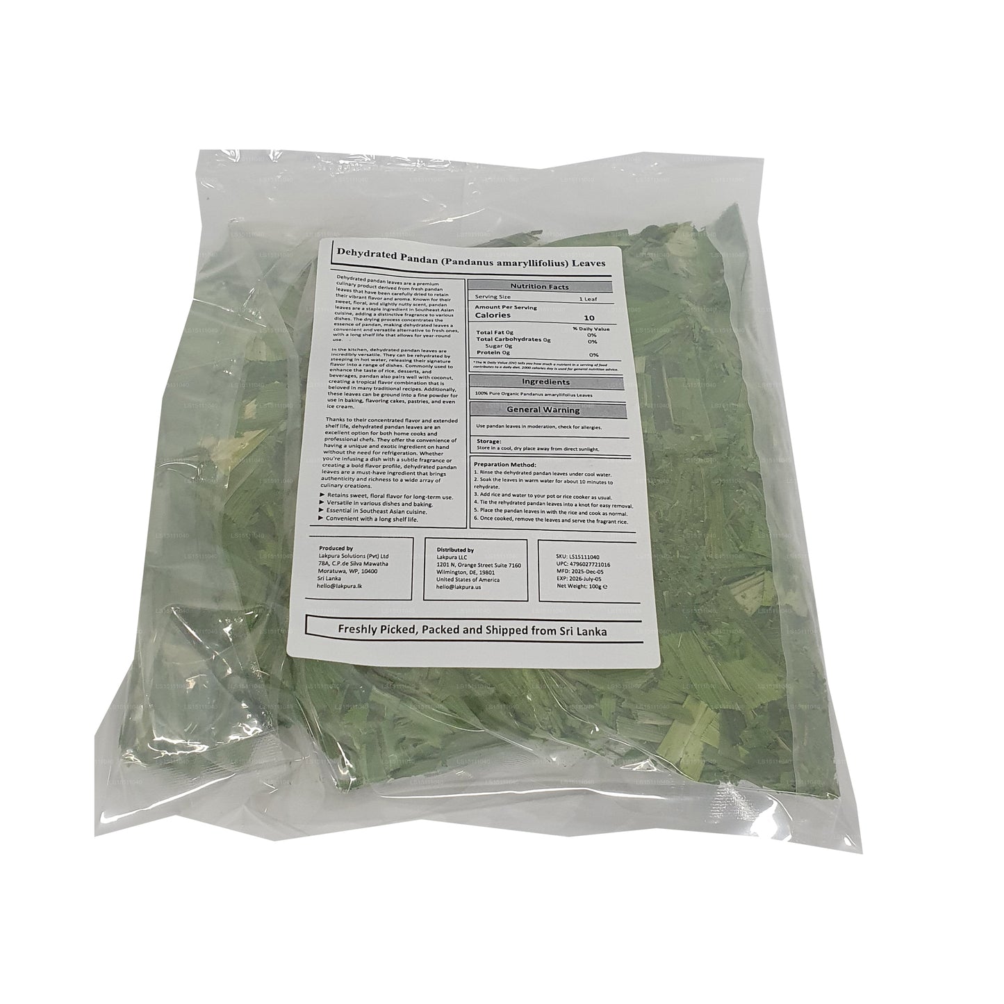 Hojas deshidratadas de Pandan Rampe de Lakpura
