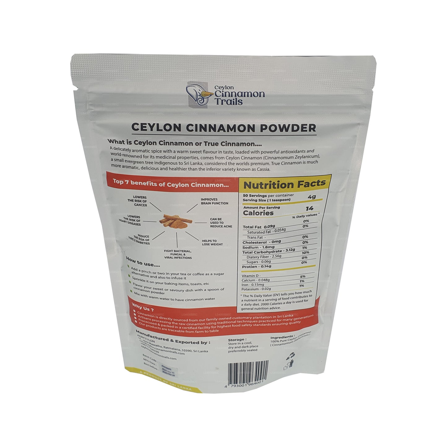 Canela en polvo Ceylon Cinnamon Trails (200 g)