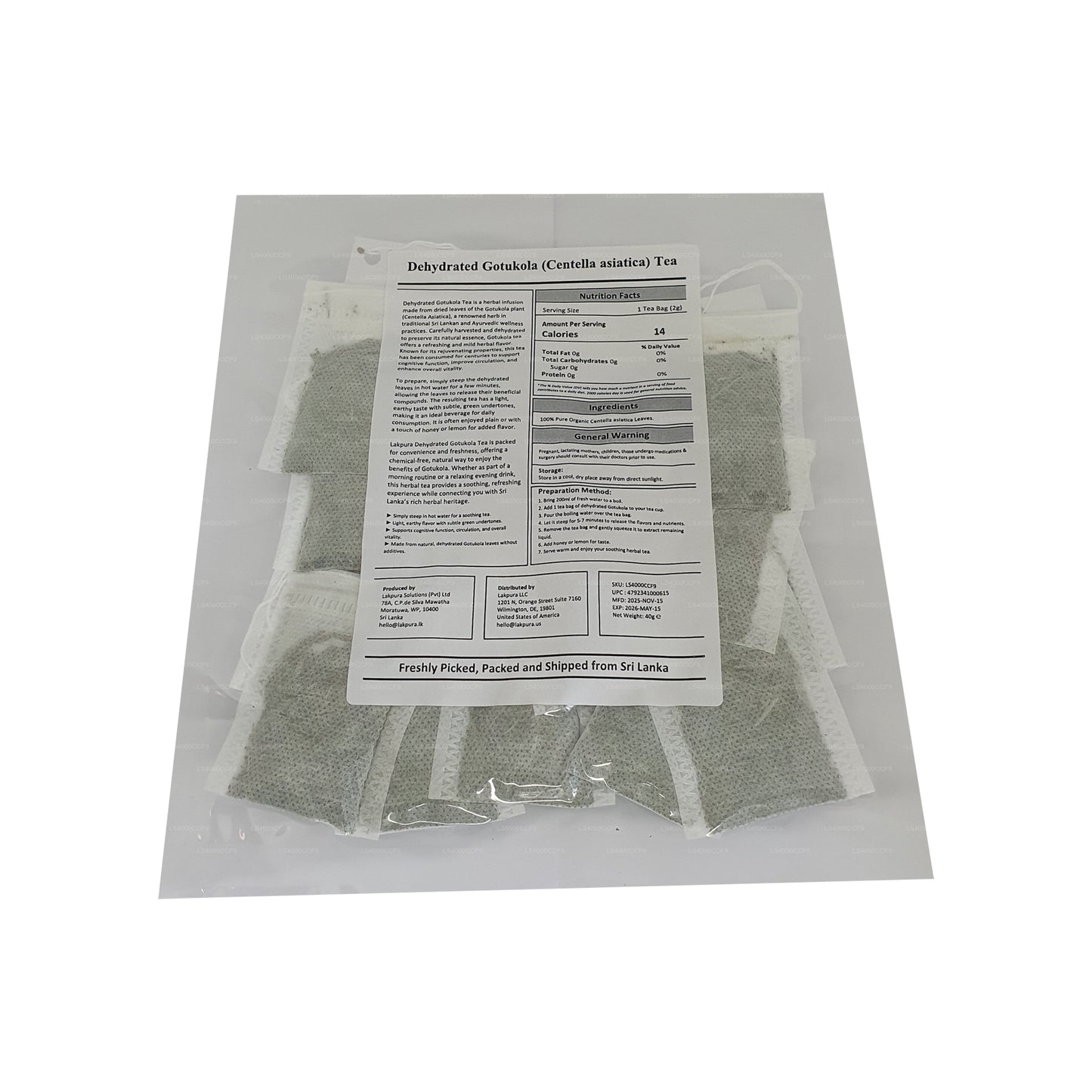 Bolsitas de té Gotukola deshidratadas Lakpura (40 g) 20 bolsitas de té