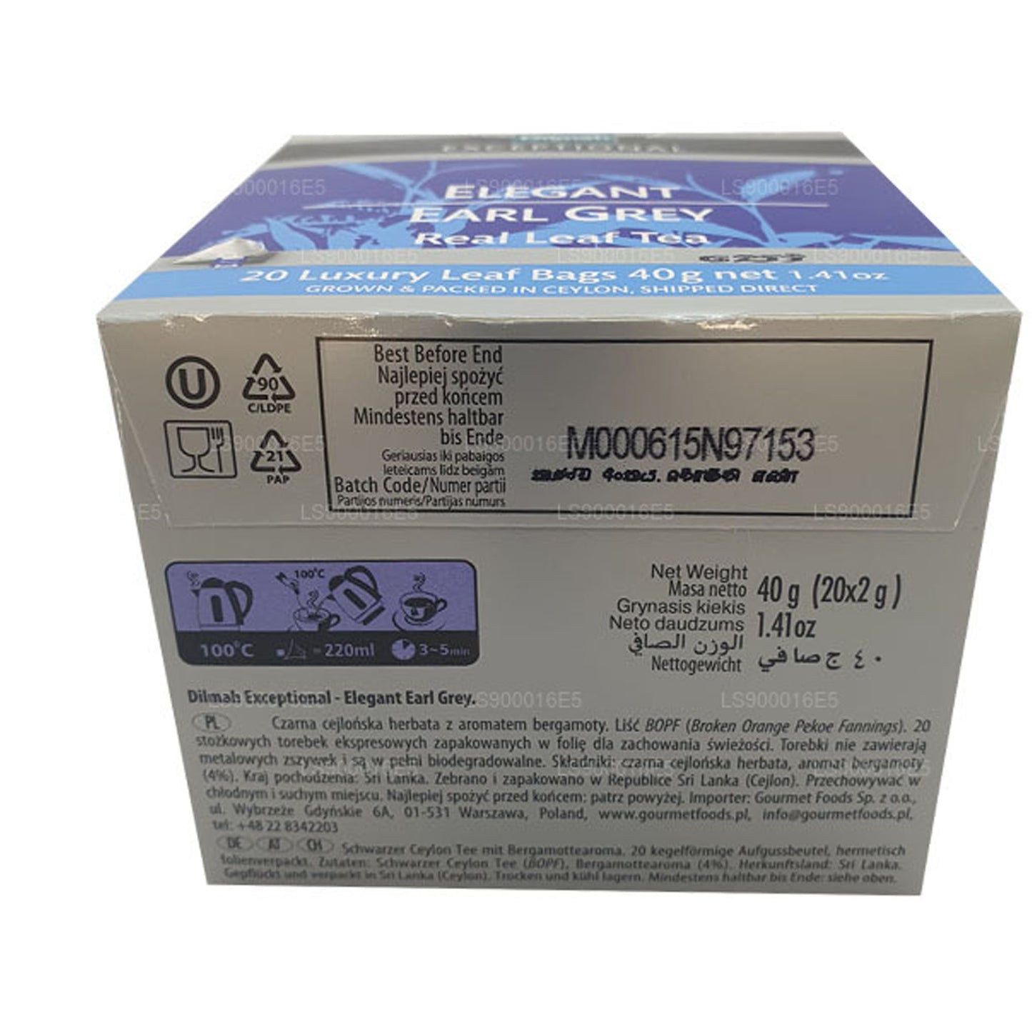 Té de hojas reales Dilmah Exceptional Elegant Earl Grey (40 g) 20 bolsitas de té