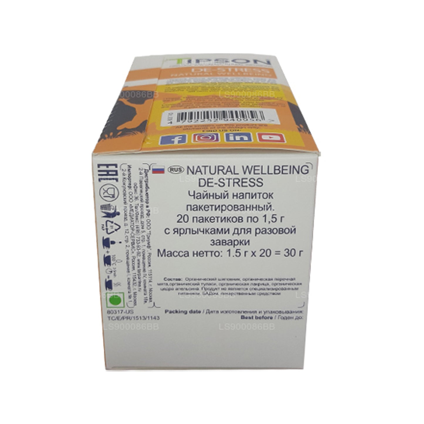 Tipson De-Stress Natural Wellbeing (30 g), 20 bolsitas de té envueltas