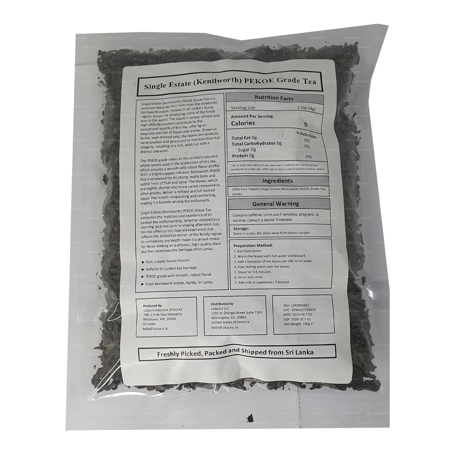 Té negro de Ceilán Lakpura Single Estate (Kenilworth) de grado PEKOE (100 g)