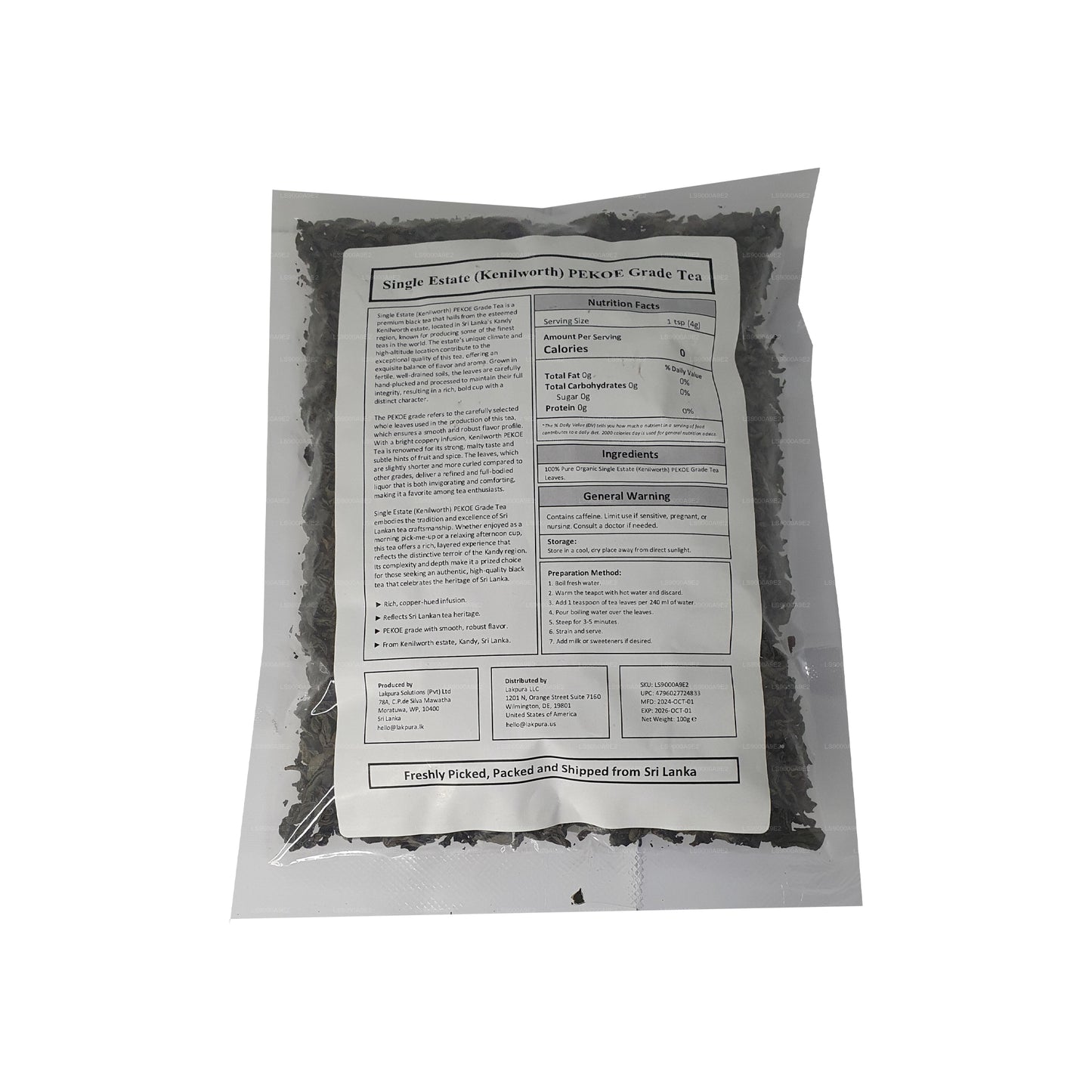 Té negro de Ceilán Lakpura Single Estate (Kenilworth) de grado PEKOE (100 g)