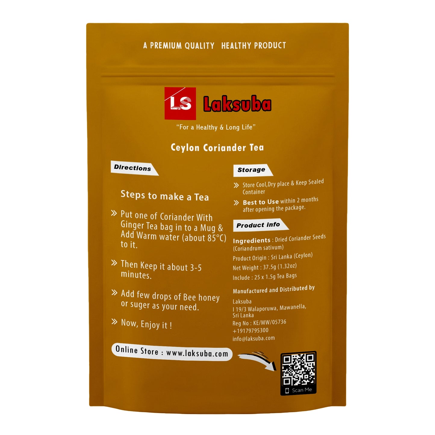 Té de cilantro de Ceilán Laksuba (37,5 g) 25 bolsitas