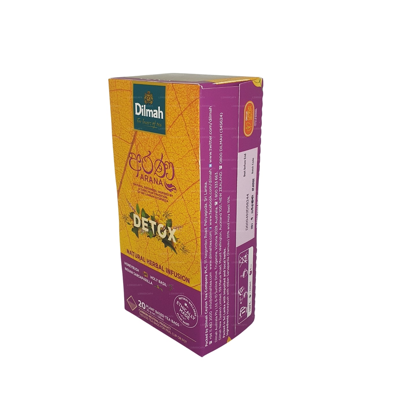 Infusión de hierbas naturales Dilmah Arana Detox (20 bolsitas de té sin etiqueta)