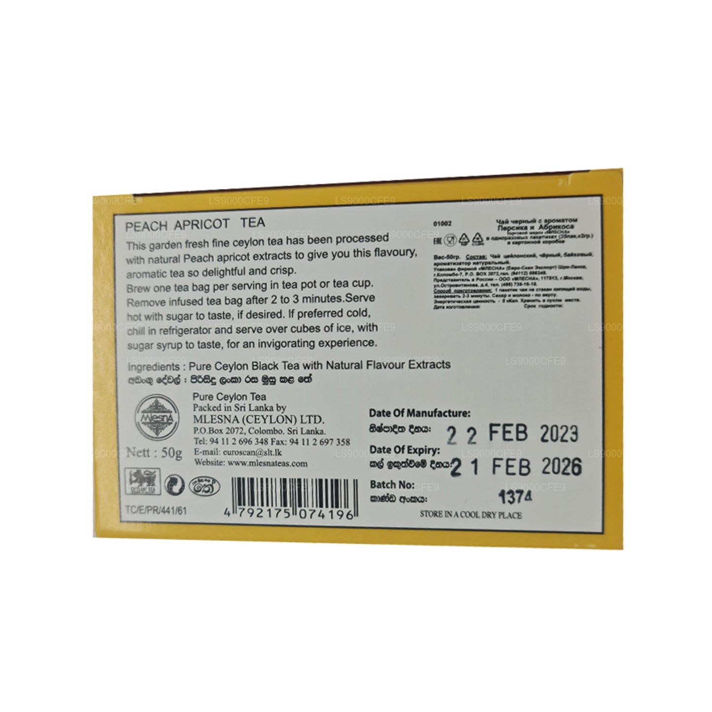 Té de melocotón y albaricoque Mlesna, 25 bolsitas de té (50 g)