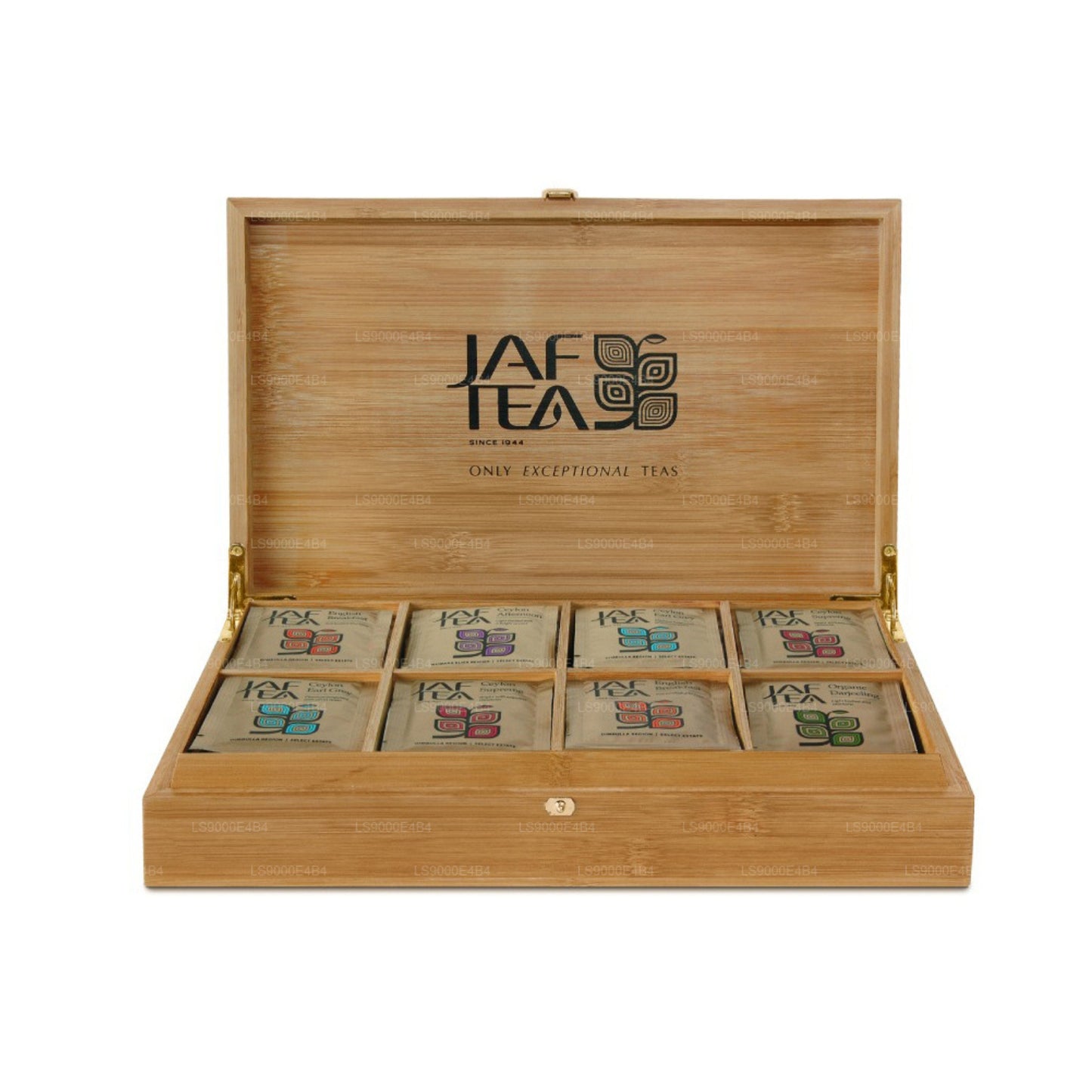 Presentador de bambú Jaf Tea de 8 compartimentos con sobre de aluminio (160 g)