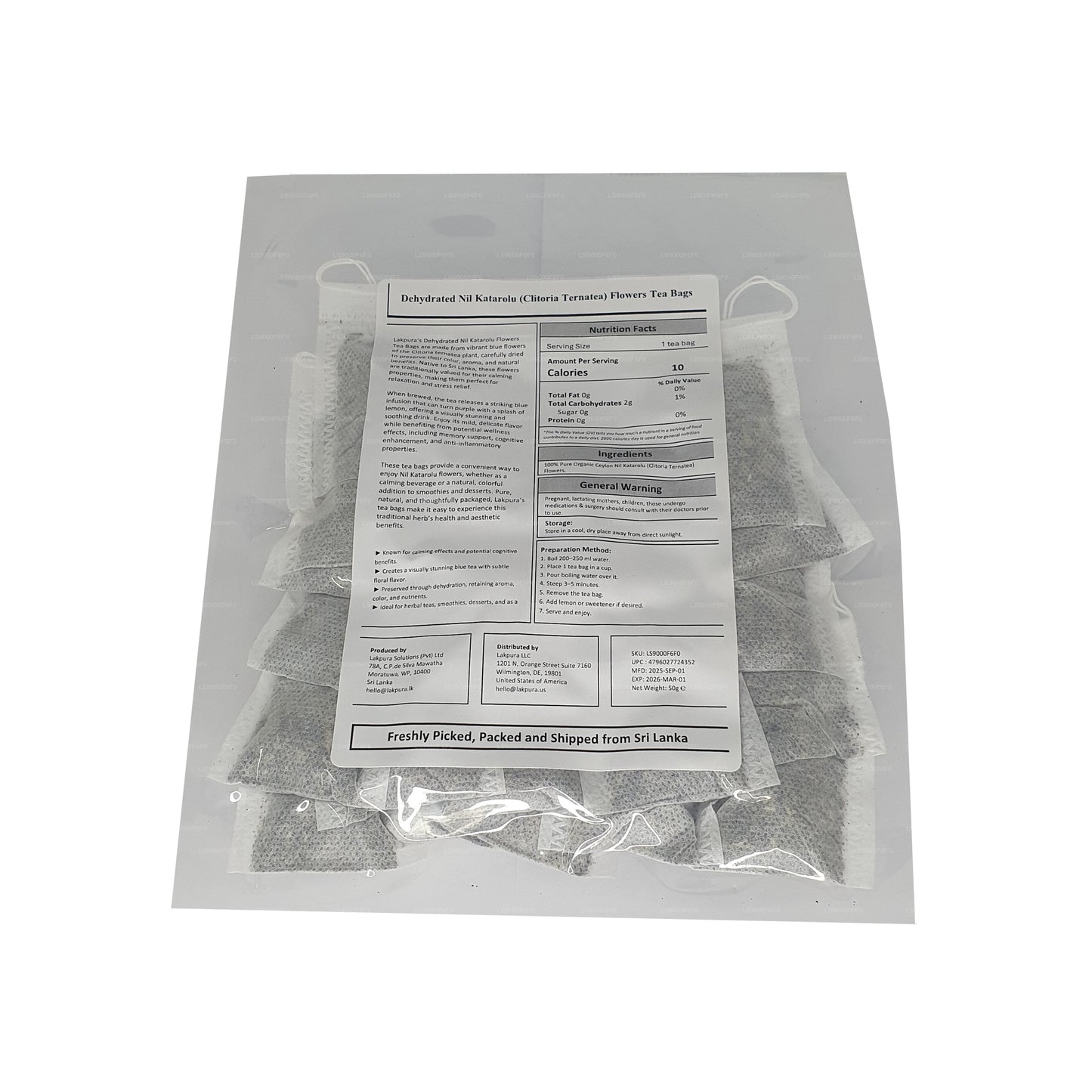 Bolsitas de té de flor de guisante mariposa deshidratada Lakpura® (Nil Katarolu; Clitoria Ternatea) (25 bolsitas)