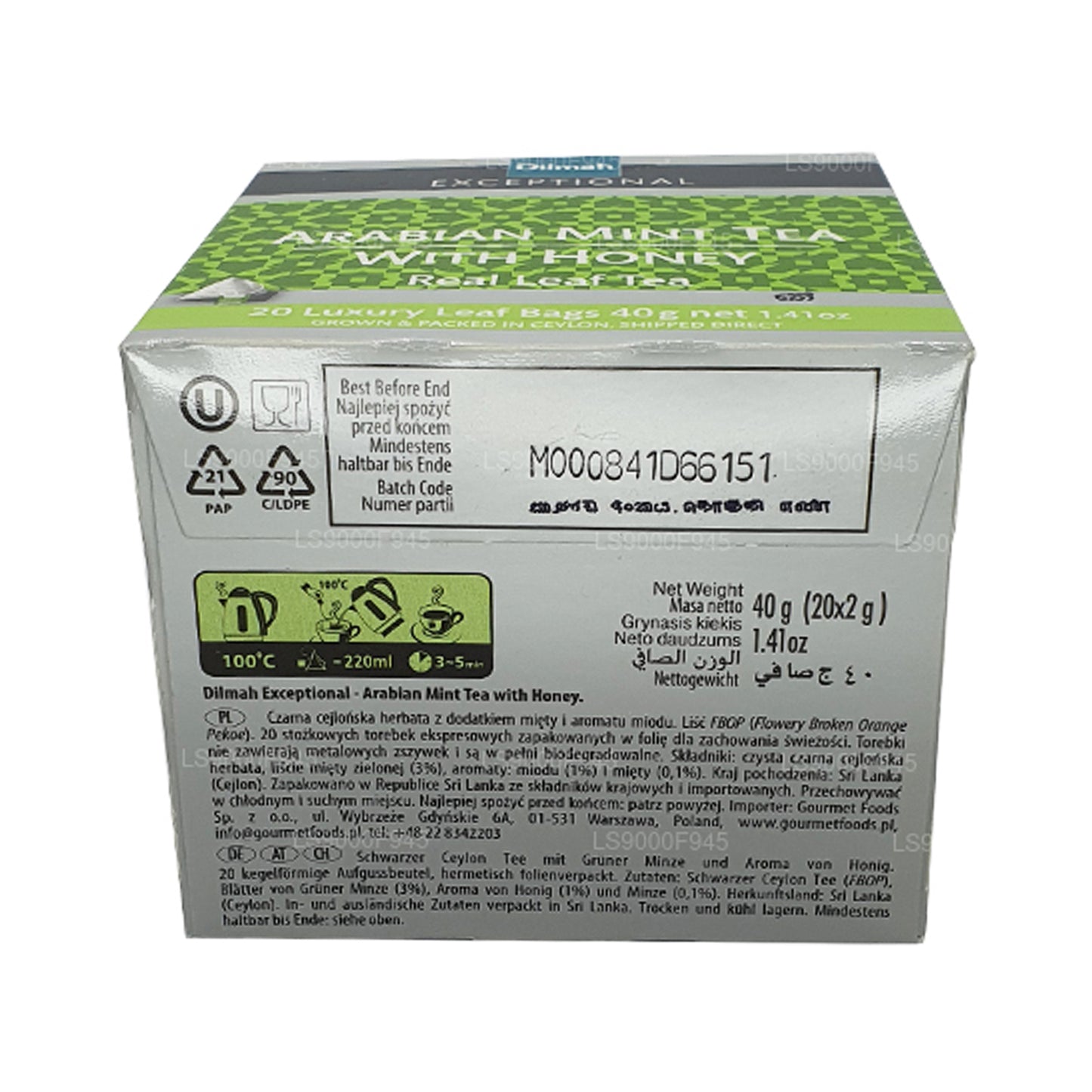 Hoja excepcional de Dilmah con menta árabe y miel (20 bolsitas de té)