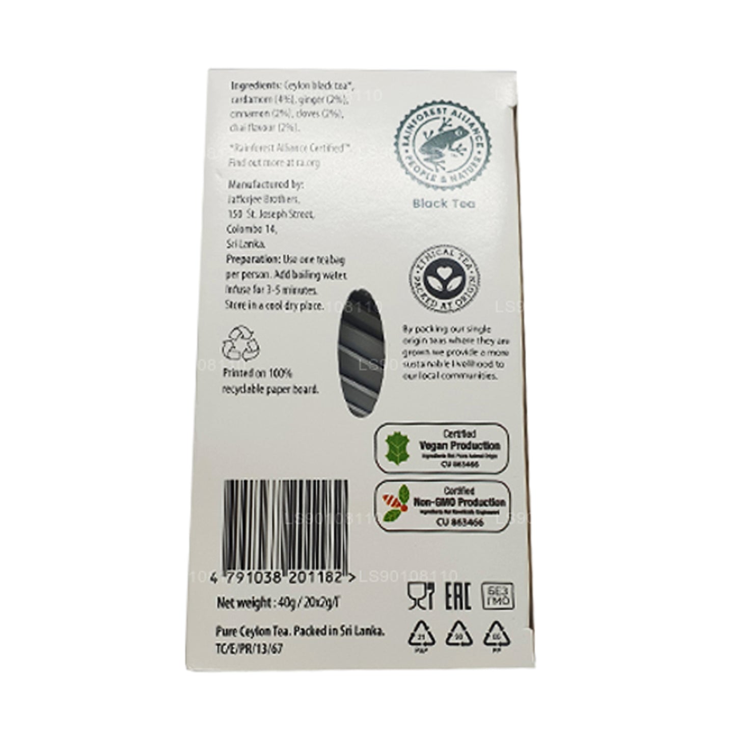 Chai especiado de té negro Jaf Tea Pure Spice Collection (40 g), 20 bolsitas de té