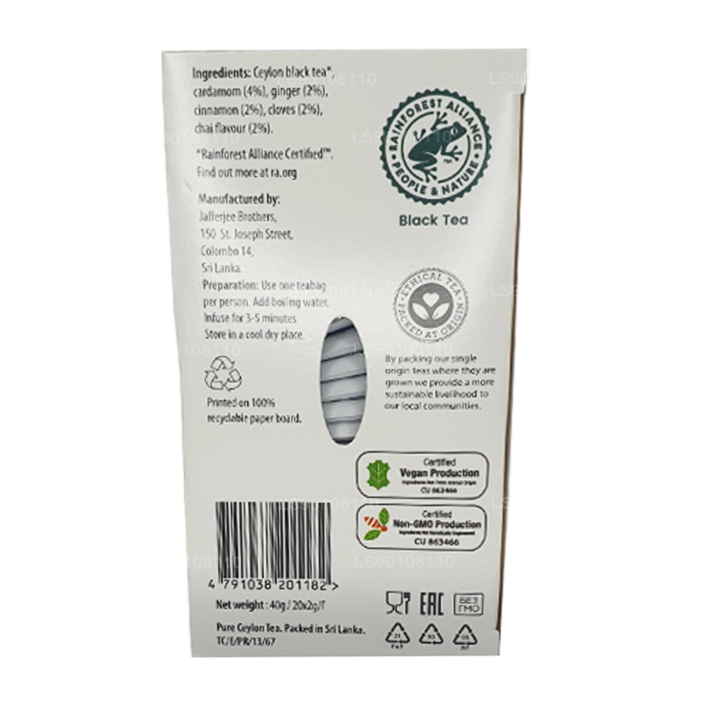 Chai especiado de té negro Jaf Tea Pure Spice Collection (40 g), 20 bolsitas de té