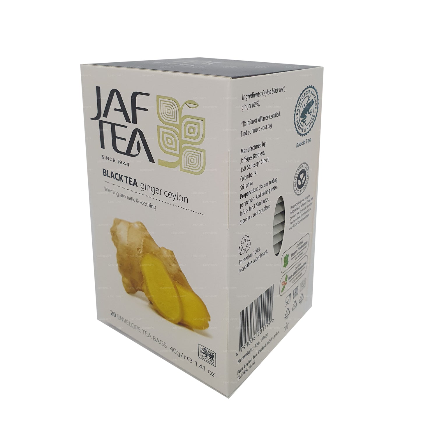 Colección Pure Spice de Jaf Tea, té negro, jengibre, Ceilán (40 g), 20 bolsitas de té