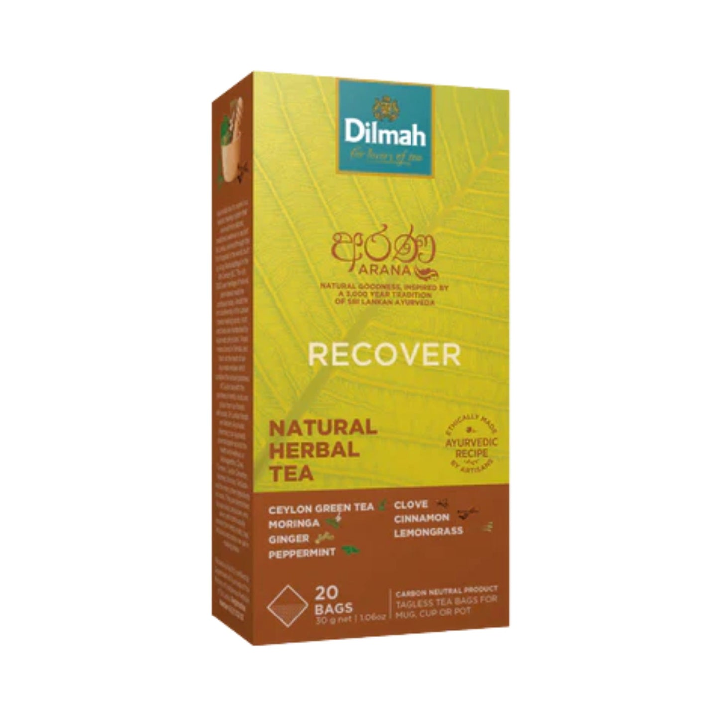 Té verde a base de hierbas naturales Dilmah Arana Recover (20 bolsas de té sin etiqueta)