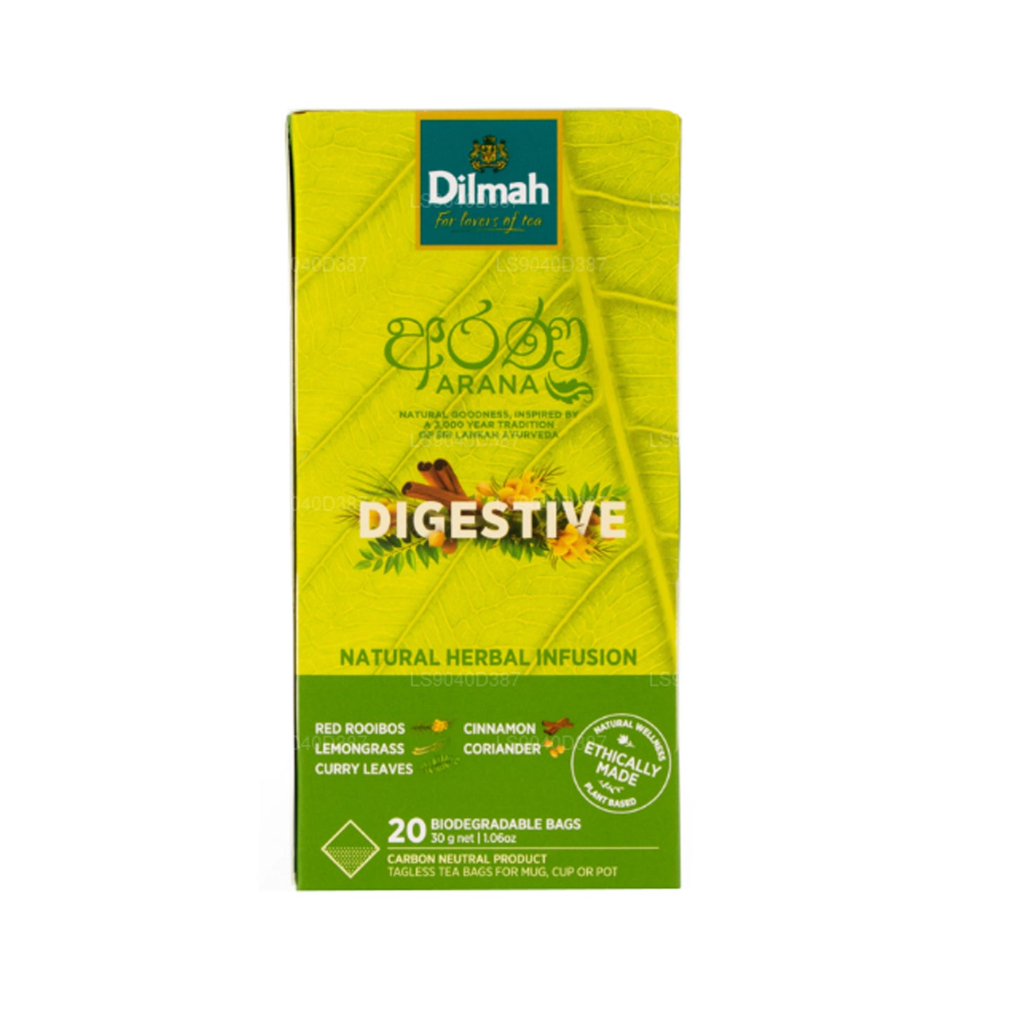 Infusión de hierbas naturales Dilmah Arana Digestive Red Rooibos (20 bolsas de té sin etiqueta)
