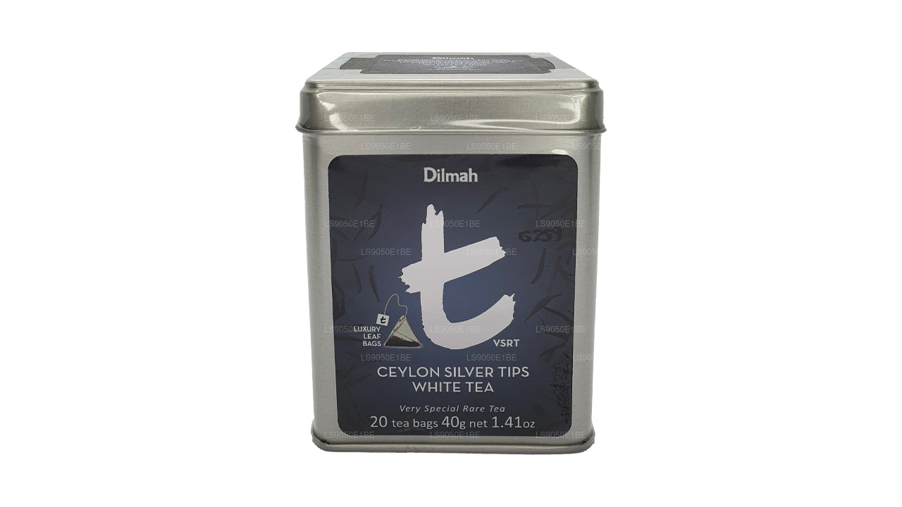 Tarro de té blanco Dilmah serie T VSRT de Ceilán con puntas plateadas (40 g), hojas sueltas
