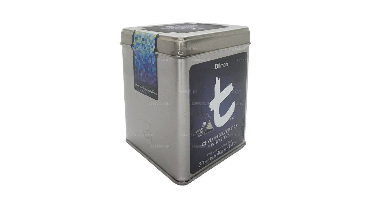 Tarro de té blanco Dilmah serie T VSRT de Ceilán con puntas plateadas (40 g), hojas sueltas